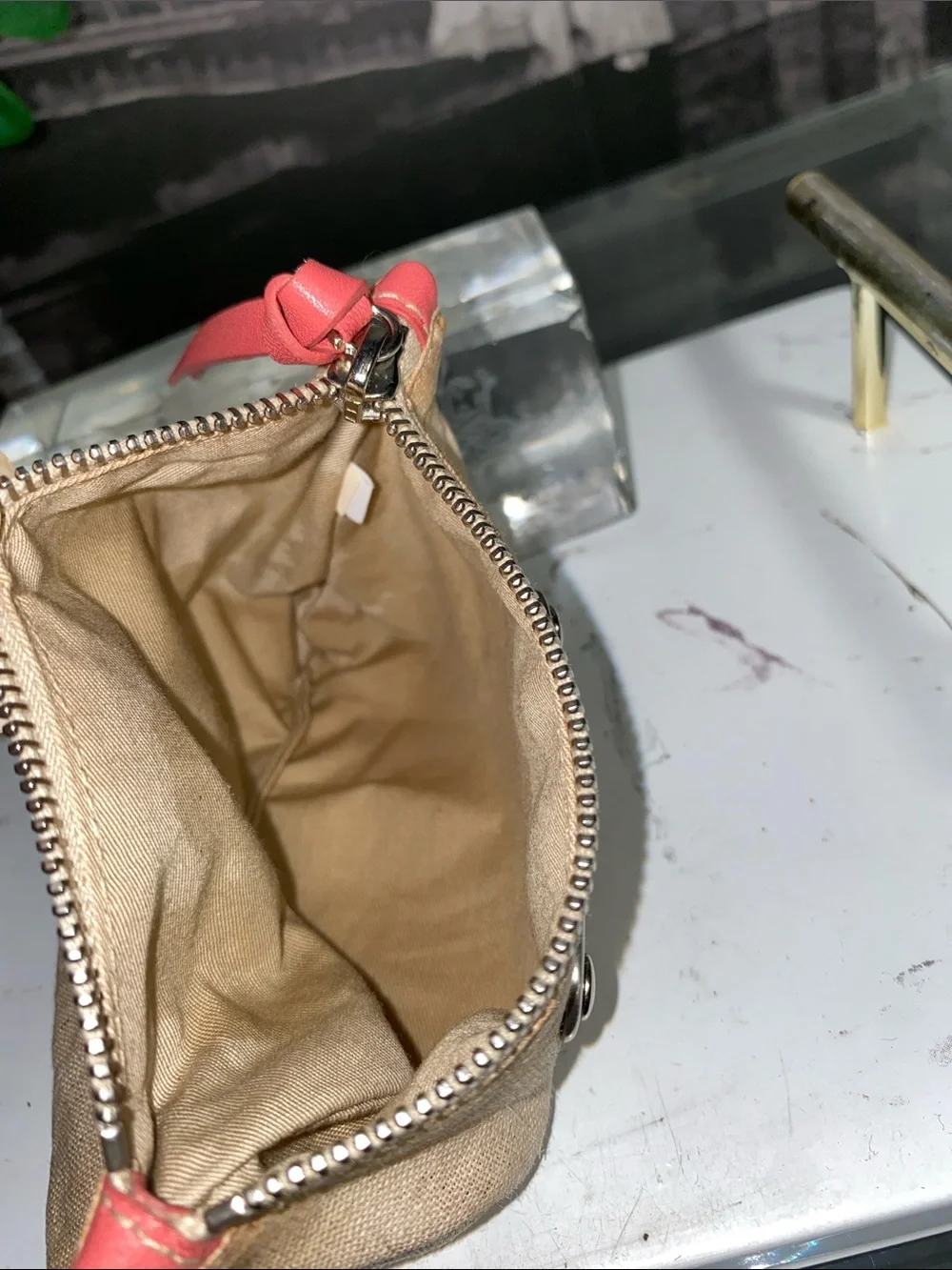 Authentic Miu Miu Beige Linen Pouch with Coral Trim